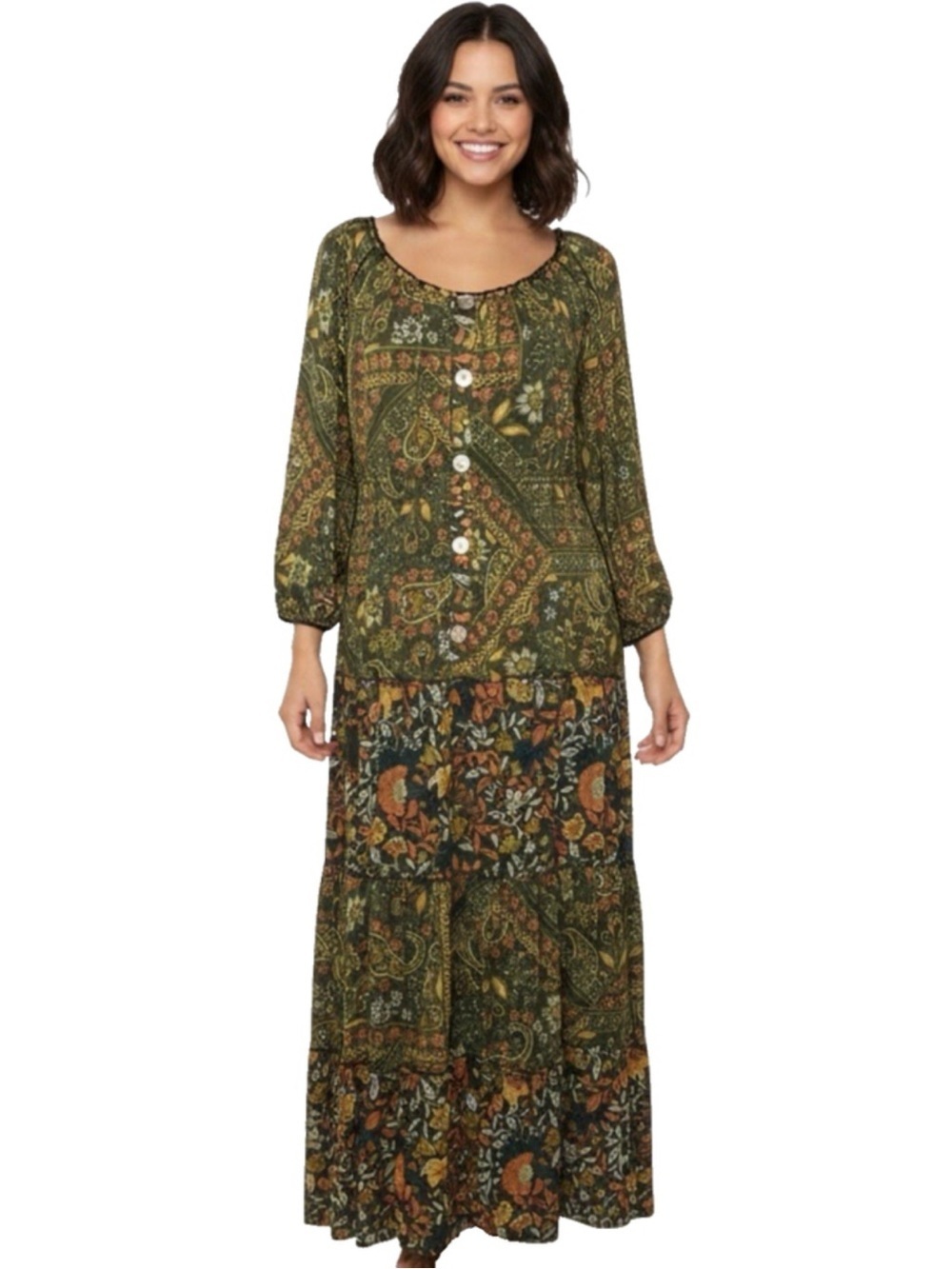 Figueroa & Flower Green Floral Tiered Maxi Dress Size Large